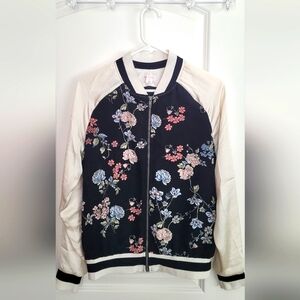 Xhilaration Black and Cream Bomber Jacket Floral Design